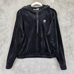 FILA Hoodie Womens Medium Black Velour 1/4 Zip Logo Pullover Top Long Sleeve